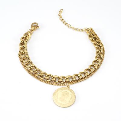 China Hiphop HIP HOP 2021 two layers of Chunky Gold Waist Chain Bracelet around shape titanium steel medal pendant bracelet for cool boy for sale