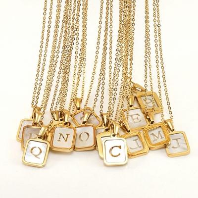 China FASHIONABLE Women Letter A-Z Initial Necklace For Women 18K Gold Stainless Steel Rectangle White Shell Alphabet Pendant Necklace for sale