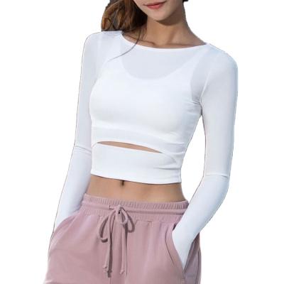 China Breathable Women White Gym Yoga Crop Tops Yoga Shirts Long Sleeve Workout Tops Running Fitness Sport T-Shirts for sale