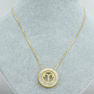 China 2022 New Designed Fashion Gift Zircon Stone Horoscope Chain Ornament Jewelry Gold Plated Round Zodiac Pendant Necklace for sale