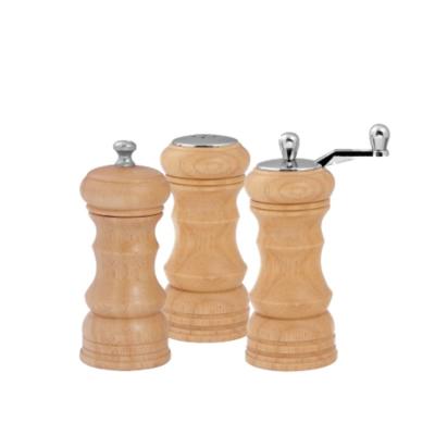 China Good Quality Dark Natural Beech 15cm Tall 13.5cm Kitchenware Brown Pepper Mill Rubber Wooden Grinder With Handle And Salt Shaker Set for sale