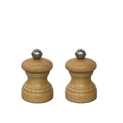 China Kitchen Tableware Dark Brown Color 6cm Pocket Mini Size Gum Wood Peppermill Natural Salt Grinder Set for sale