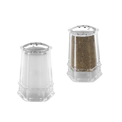 China Kitchen Tableware Kitchenware 7cm Tall 10cm Hexagon Tower Shape Acrylic Salt And Pepper Shaker 2 Piece Set for sale