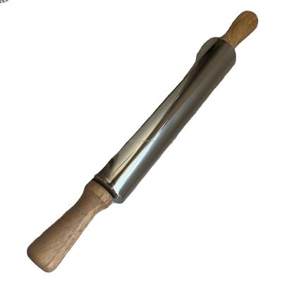 China Sustainable In stock Stainless Steel Baking Rolling Pin Wooden Handle Dough Rolling Pin for sale