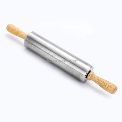 China Durable Durable Kitchen Utensil Household Stainless Steel Pin With Wooden Handle For Cake Tool Stainless Steel Dough Baking Roller for sale