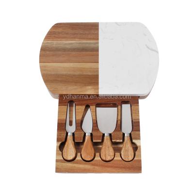 China Good Sustainable Price Acacia Wood And Marble Cheese Serving Biscuit Board Cutlery Set With Slide-out Drawer Dish Knives for sale