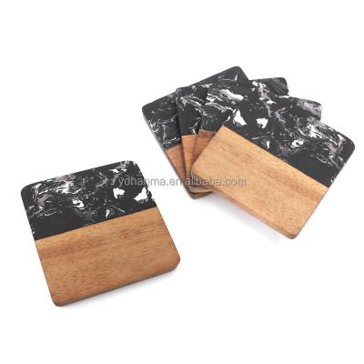 China Sustainable Eco Friendly Acacia Wood And Black Marble Tea Coffee Mug Coasters For Drinkware Set Of 4 for sale