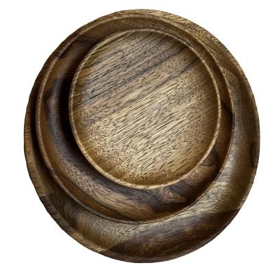 China Sustainable High Quality Acacia Wood Round Wooden Dishes Serving Tray Cake Dishes Kitchen Tableware Plate For Dessert Salad Fruit for sale