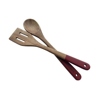 China Sustainable 2 Piece Acacia Wood Kitchen Tools Utensils Housewares With Red Handle Set for sale