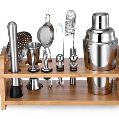 China Sustainable Bar Tools Shaker Set 11 Sets Bar Instruments 304 Stainless Steel With Bamboo Bar Tool Holder for sale