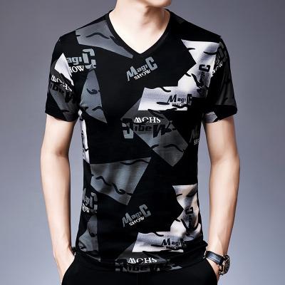 China 2021 Wholesale Stylish Anti-Wrinkle T-shirt V-Neck Men's High Quality Custom Made 100% Cotton Printed Colorful Casual Slim T Shirt For Men for sale