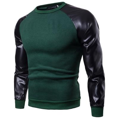 China 2021 New Anti-Wrinkle Contton Mens Long Sleeve Sweatshirts Knitted Leather Sleeves Pacthwork Crewneck Custom High Quality Slim Sweatshirt Men for sale