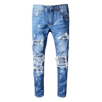 China 2021 Wholesale High Quality Custom Biker Sky Blue Skinny Ripped QUICK DRY Jeans Men Spring Autumn Fashionable Hip Hop Patched Jeans Men for sale