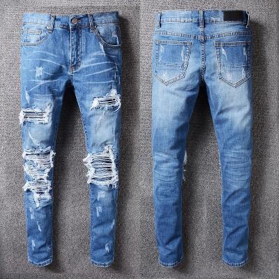 China 2021 Custom QUICK DRY New Arrival Sky Blue Mens Jeans Pants Spring Autumn Stylish Hip Hop Patched Skinny Spring Plus Size Ripped Jeans Men for sale