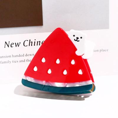 China Cute Eco-friendly Korean Acetate Watermelon Bear Hair Claw Hook Clip Customized 6cm Soft Decorated Claw Clip For Women Thin Hair Clamp Girl for sale