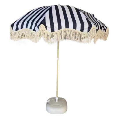 China Modern Custom Luxury Portable 8 Feet Wooden Pole Canvas  Fringe Sun Outdoor Parasols Beach Umbrellas With Tassels for sale