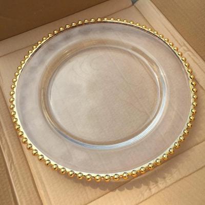 China Customized Size Hard Clear Glass Round Dish With Gold Edge For Wedding Event Dining for sale