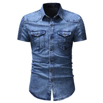 China hot sale anti-wrinkle fashion turn-down collar short sleeve denim shirt soft men shirts for sale