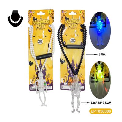 China EPT Halloween Plastic Necklace Plastic Skull Led Light Up Necklaces Props Glow Halloween Skeleton Beaded Necklace With Lights for sale