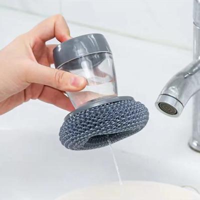 China Viable Automatic Liquid Adding Steel Wire Short Handle Pot Wash Brush Cleaning Brush Kitchen Supplies for sale