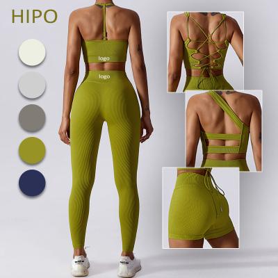 China Breathable Nylon Spandex Fitness Sports Yoga Clothes 5 Pieces Gym Bra Gaiters Equipments Top Waist Wear Suit Ribbed Seamless Yoga Wear Sets for sale