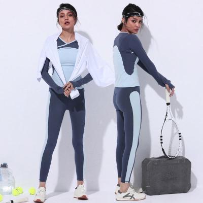 China 2021 Original Color Patchwork Breathable Spandex Bodice Fitness Yoga Women's Long Sleeve Suit for sale