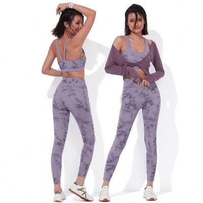 China 2021 hot sales breathable tie dye suit set bra sports high shock pants fitness buttocks women's waist two-piece sets for sale