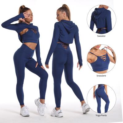 China Breathable Custom Brand Ladies Yoga Suit Fitness Gym Wear Set Winter 3 Piece Workout Set Women Long Sleeve Seamless Leggings Set yoga for sale