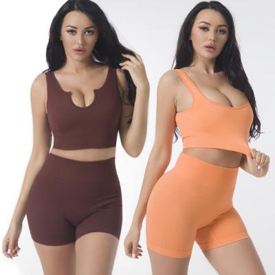 China Whosale Breathable Yoga Wear U-Neck Seamless Short Set 2 Piece Workout Shorts Sets Ribbed Fitness Yoga Set for sale