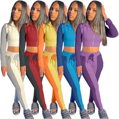 China Anti-pilling spring 2022 women s clothing outfits long sleeve zipper crop tops two piece pants set patchwork women sweatsuit set tracksuit for sale