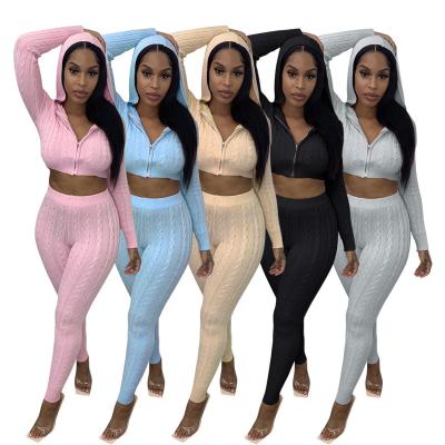 China High Quality Thick Warm Knitted Hoodie Women's Winter Breathable Sweaters Pants Two Piece Set for sale