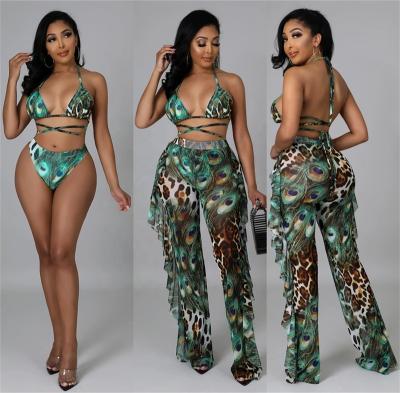 China Breathable 2022 new arrivals summer women sexy patchwork stylish bandage v neck bikinis & beachwear printed 3 piece set swimsuit with pant for sale