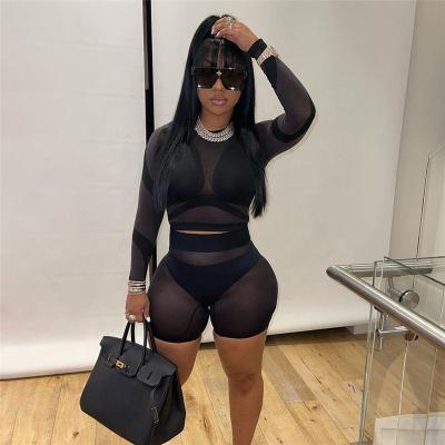 China Breathable Ready To Ship Black Long Sleeve Mesh Shorts Set Casual 2 Piece Sets See Through Outfits Mesh 2 Piece Sets Womens Bodycon Clubwear for sale