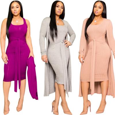 China 2020 Elegant Lady Two Piece Cardigan Breathable Bandage Solid Color Slip Dress Autumn Women Midi Dresses for sale