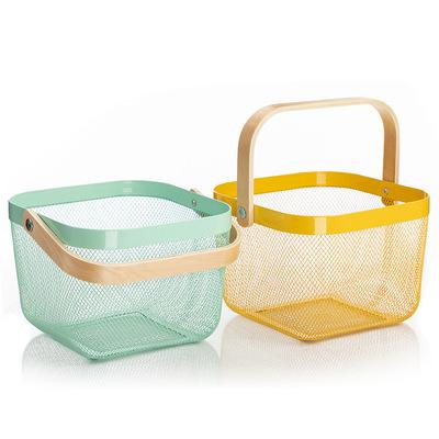 China Minimalist Multifunctional Mesh Metal Wire Hanging Kitchen Storage Basket Organizer with Bamboo Handle for sale