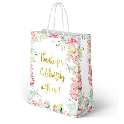 China Recycled Materials Floral Design White Kraft Paper Bags Twisted Handles Cardboard Bottom Thank You Gift Customized Paper Bags Paper Bags 8x4x10