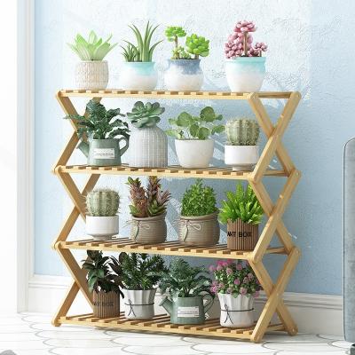 China Eco-friendly Plant Folding Shelf Haichuan 4 Tier Bamboo Flower Pot Shelf Rack For Garden for sale