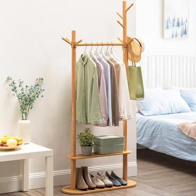 China Wooden Haichuan Convertible Bipolar Style Hanger Bamboo Multifunctional Cloth Holder Rack with Holder Cloth Hook for sale