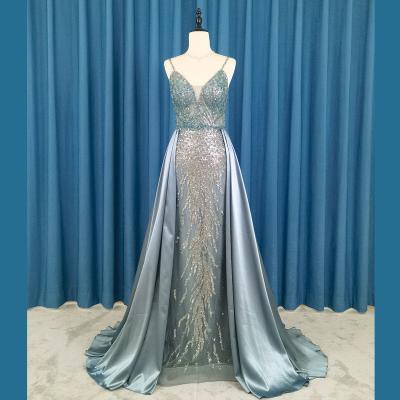 China OEM Factory OEM Sequin Satin Prom Dress Anti-Static Blue Luxury Middle Eastern Women Elegant Party Evening Dress for sale