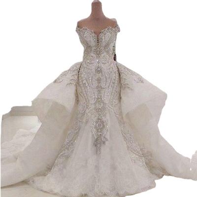 China 2022 Luxury Detachable Overskirt Dubai Diamonds Anti-Static Sparkly Arabic Sheath Wedding Dresses Crystal Beaded Wedding Dress With for sale