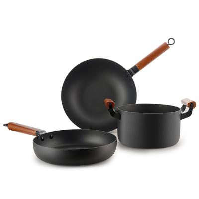 China Viable Family Expenses Refined Stir-Fry Pot Three-Piece Suit To Iron No Oily Smoke Pan Non-Stick Cookware Set for sale