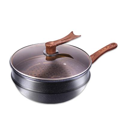 China Stone Double Layer Viable Medical Wok With Steamer Drawer Non-Stick Pan Three-Piece Suit Less Oily Smoke Saute Pot Cookware Set for sale