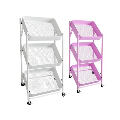 China Sustainable Household Floor Type Carbon Steel Storage Rolling Cart With Wheels, Basket Shelf Storage Rack for sale