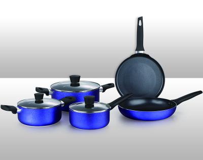 China Viable Bright Blue Vlolet Non - Stick Bakelite Handle 8pcs Aluminum Press Cookware Heat Resistant Coating Set for sale