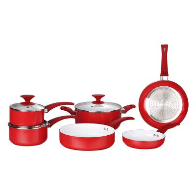 China 11 Pcs Viable Bright Red German Aluminum With Bakelite Handle Lid Ceramic Hard Anodized Coating Set for sale