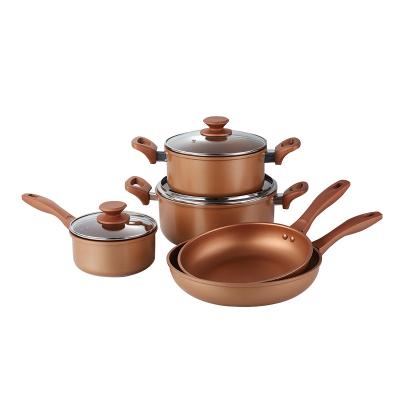 China 8 Pcs Durable Classic Cooper Bakelite Nonstick Hard Anodized Coating Handle With Soft Touch And Lid Polished Aluminum Cookware Set for sale