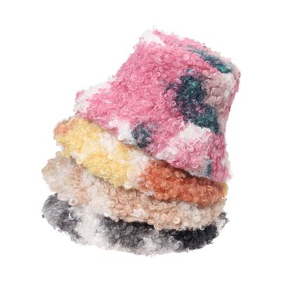 China Soft/comfy /warm autumn winter keep warm faux fur jacquard with tie dye full color bucket hat plaid beanie cap colorful hat for sale