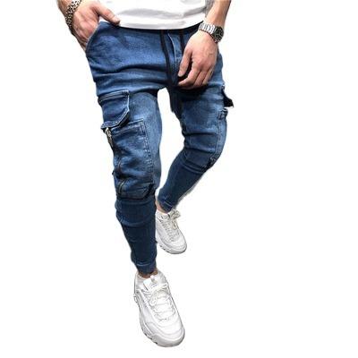 China Breathable fashion 2021 multi-pocket men's jeans autumn small feet jeans tooling jeans for sale