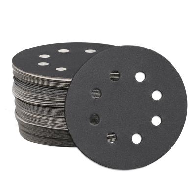 China 125 Mm 8 Holes Hook And Loop Silicon Carbide Sandpaper Disc Black Surface Polishing Sanding Pad for sale