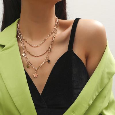 China Hot Popular Environmentally Friendly Fashion Necklace 3 Different Chain Layered Star Necklace For Women for sale